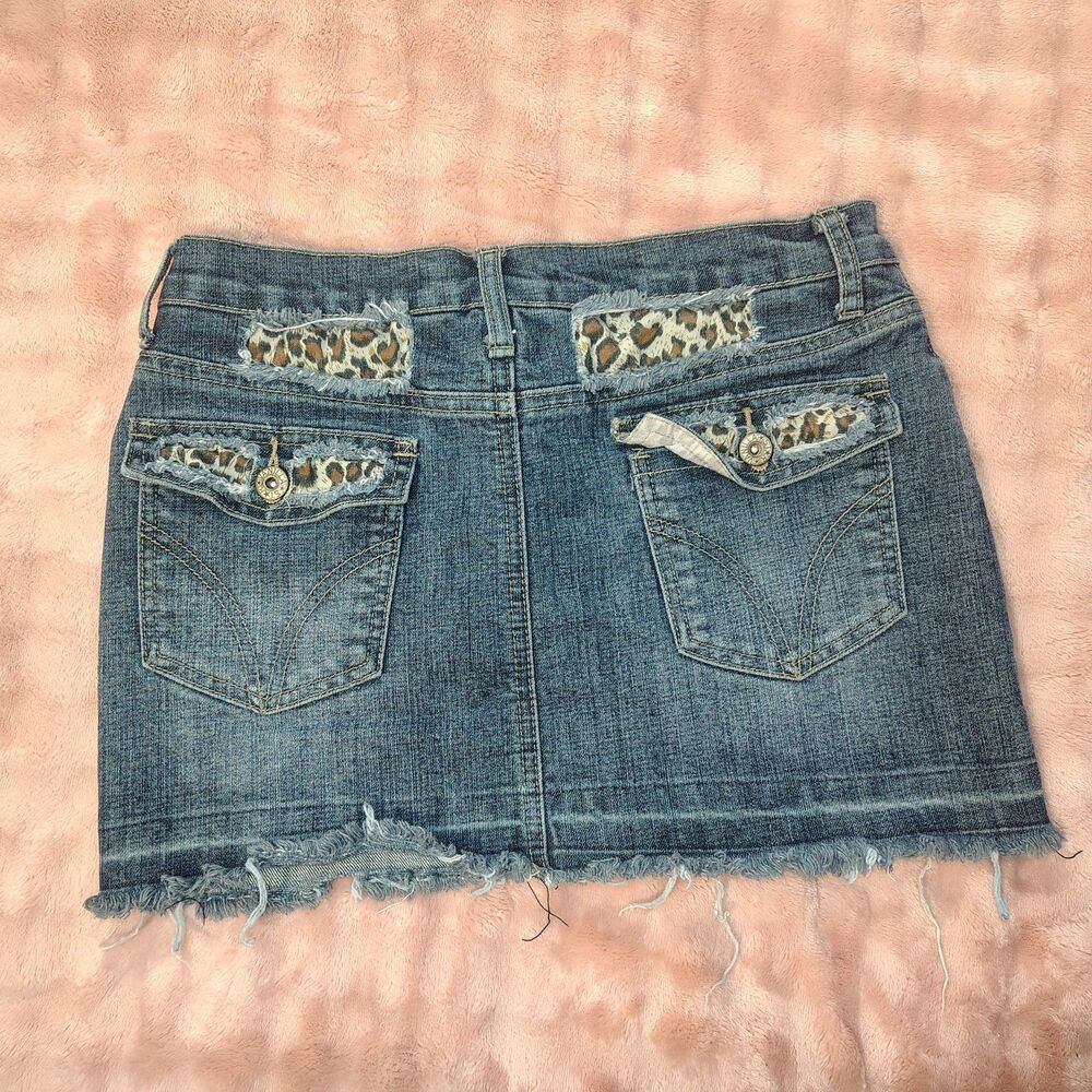 Y2K Vanilla Star Mini Skirt Animal Print Distressed Frayed Hem Stretchy 5 Junior